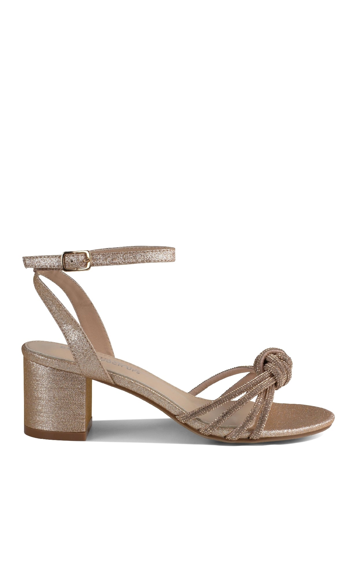 Libra Champagne Glitter Prom Shoes by Touch Ups (4652) feature a glamorous block heel, ankle strap with buckle, and knotted open-toe straps—a sparkling update to classic low-heel evening shoes.